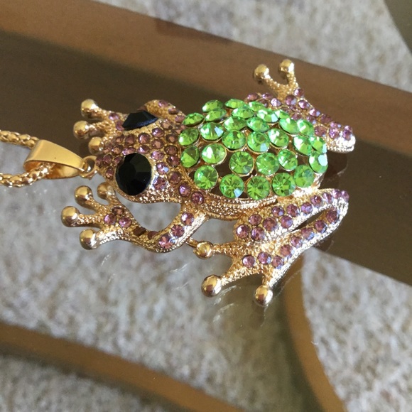 Gold Frog Necklace Gemstone Pendant - Picture 2 of 7